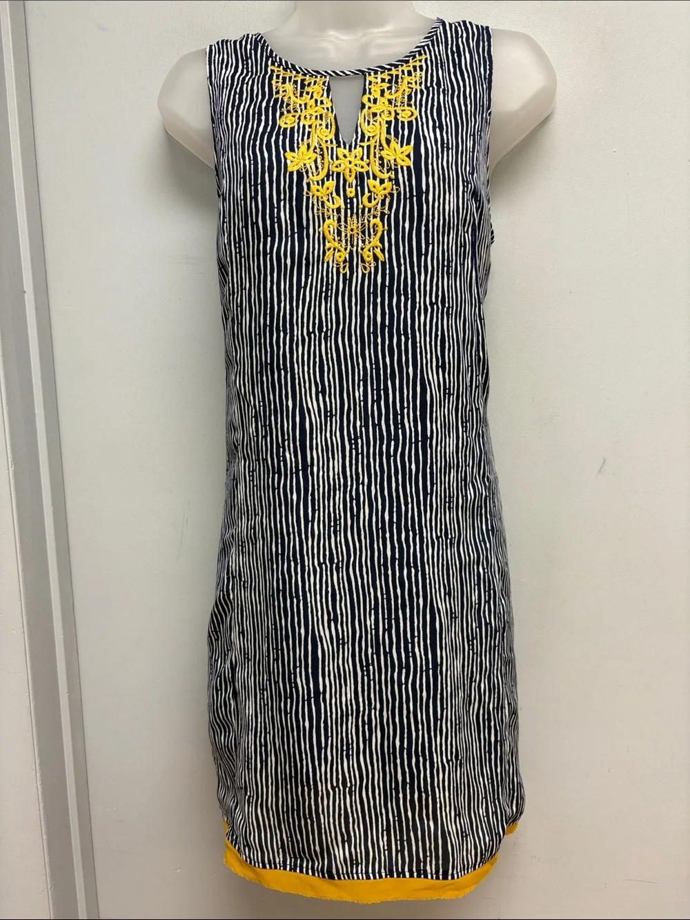 THML Embroidered Striped Shift Dress Navy & White with Mustard Embroidery Medium - Picture 1 of 12